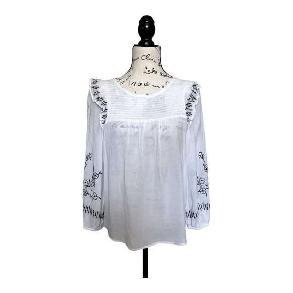 LOFT Embroidered Smocked Ruffle Blouse | White Black Boho Peasant Top | Size XS - Picture 2 of 8